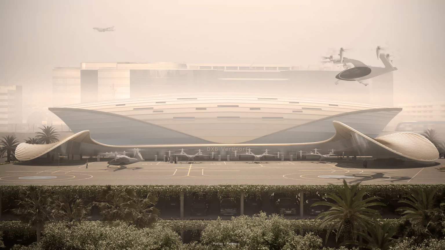 The conceptual vertiport links Dubai International Airport with the Dubai Metro, ensuring smooth and sustainable travel across the city for both international and domestic passengers. | Photo: Foster + Partners